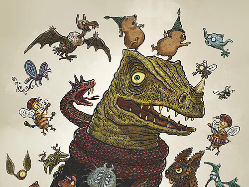 Illustration von Walter Moers: große und kleine Ungeheuer-Wesen