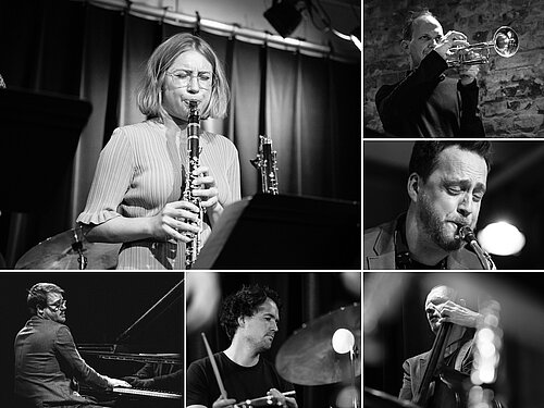 Collage von sechs Musiker*innen, im Zentrum blone Frau mit Brille an der Klarinette