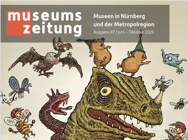Illustration eines großen Dinosauriers mit mehreren kleinen Fantasietieren auf und um ihn herum, oben klar lesbarer Schriftzug 'museums zeitung' und weitere Textzeilen
