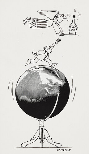 Karikatur einer geflügelten Figur mit US-Flagge, die auf eine leuchtende Coca-Cola-Flasche zufliegt, während eine Figur mit Buchstaben „C“ auf einem rotierenden Globus läuft.