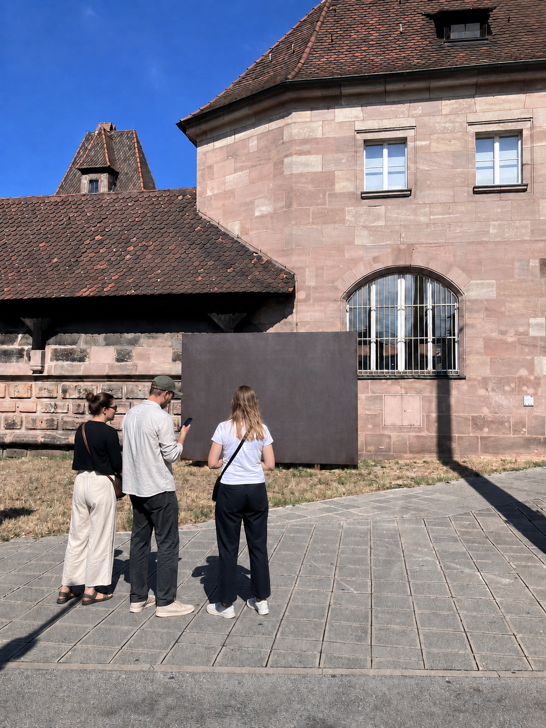 Drei Personen stehen vor einem hohen, pinken Fahnenmast mit wehender pinker Fahne neben einem historischen Sandsteingebäude im öffentlichen Raum