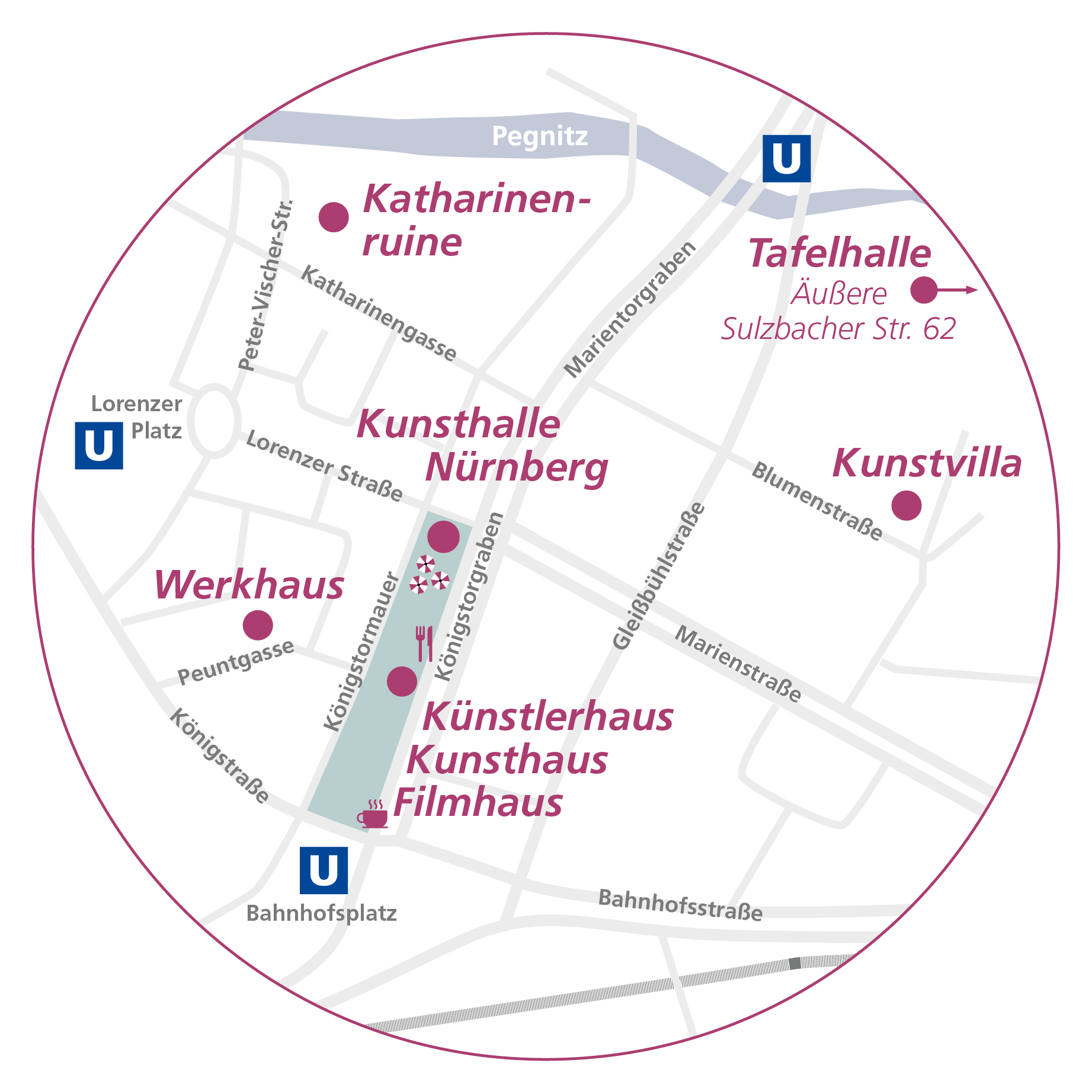 Die Grafik zeigt einen Stadtplanausschnitt mit Übersicht der Standorte der Einrichtungen des KunstKulturQuartiers. 