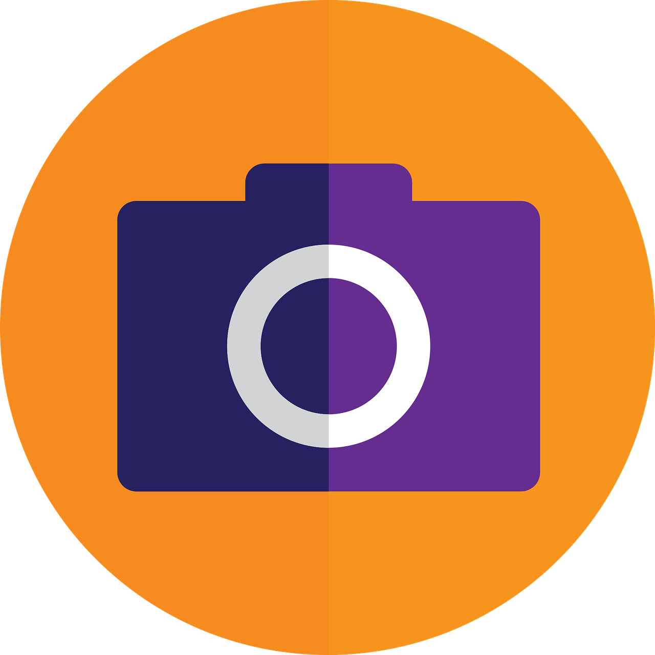 Grafisches Symbol einer lilafarbenen Kamera vor orangenem Hintergrund