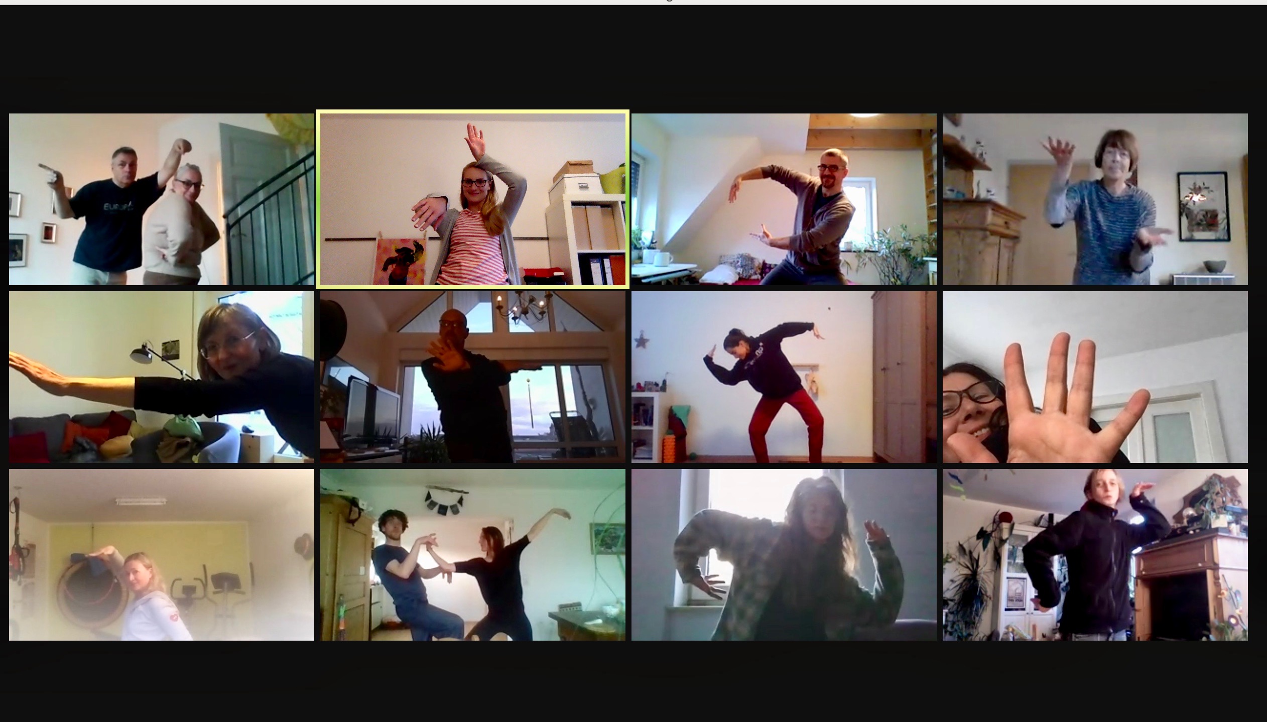 Zoom Screenshot, Menschen in unterschiedlichen Tanzposen
