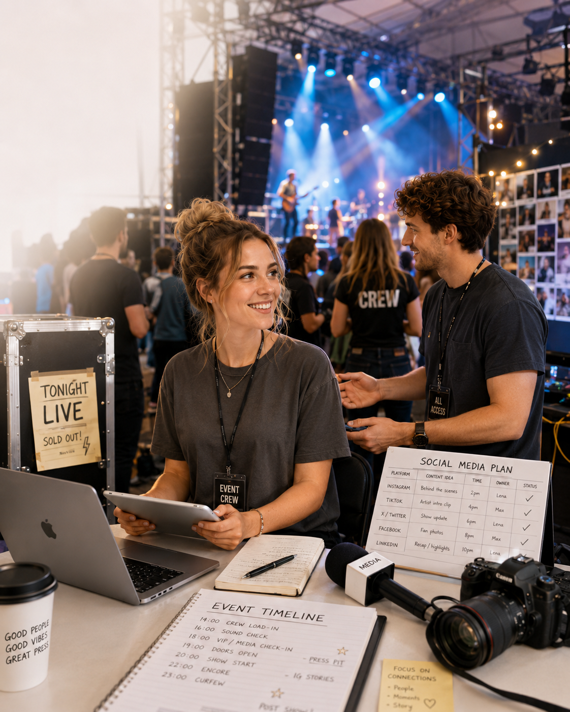 Zwei Personen mit Event-Crew-Ausweisen sitzen an einem Tisch mit Laptop, Tablet, Kamera und Plänen für Social-Media-Plan und Event-Zeitplan vor einer Bühne mit Beleuchtung und Musikern.