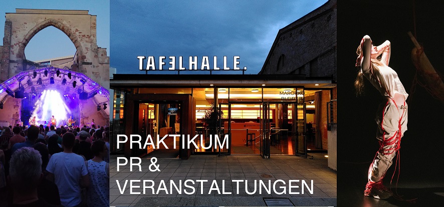 Dreiteilige Collage mit Konzertbühne vor historischem Tor, beleuchtetem Eingang eines Gebäudes mit Schriftzug 'TAFELHALLE.' und tanzender Frau in weißem Kleid mit roten Bändern vor schwarzem Hintergrund