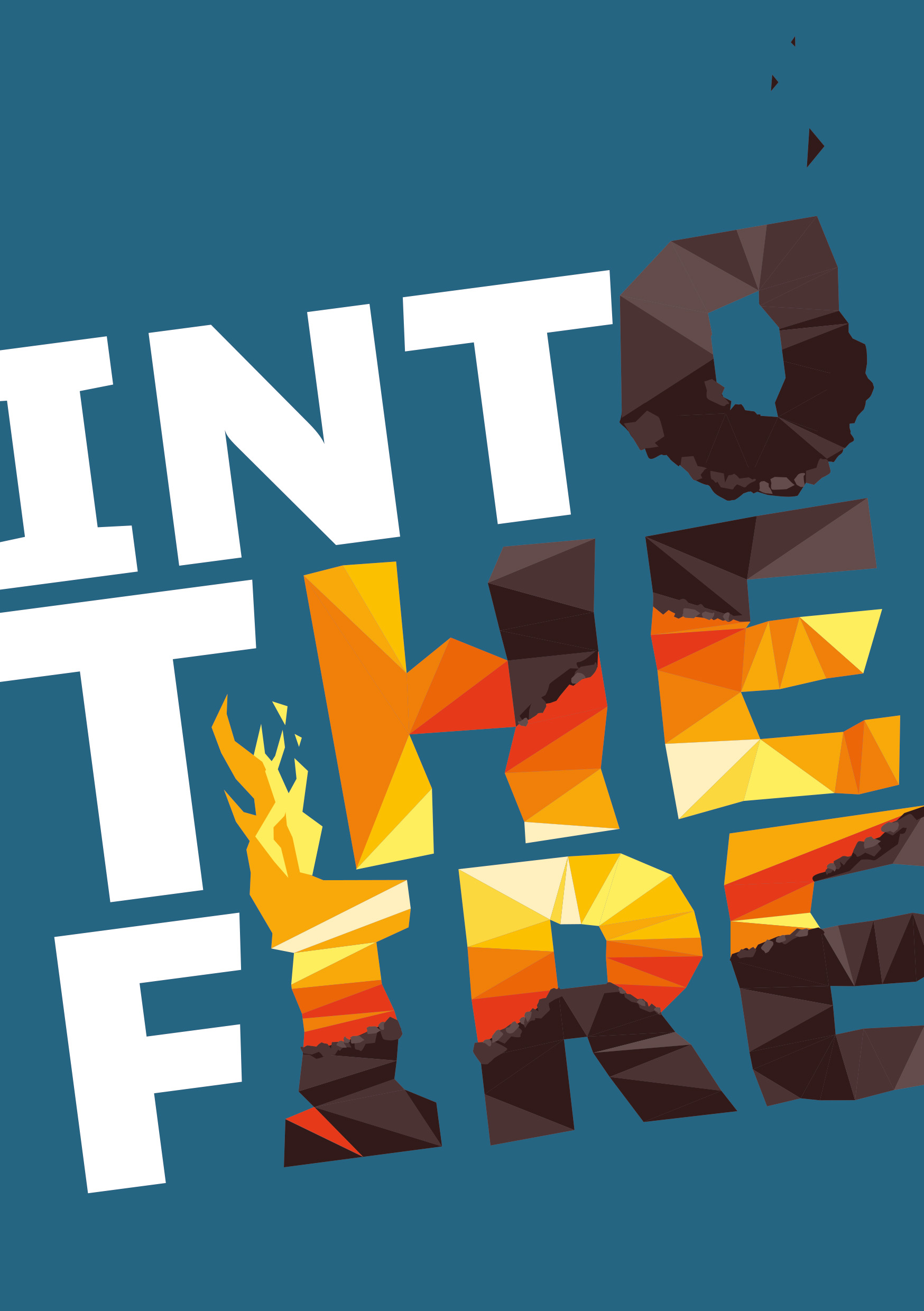 Bunte, polygonale Schrift auf blauem Hintergrund mit den Buchstaben 'INTO THE FIRE'