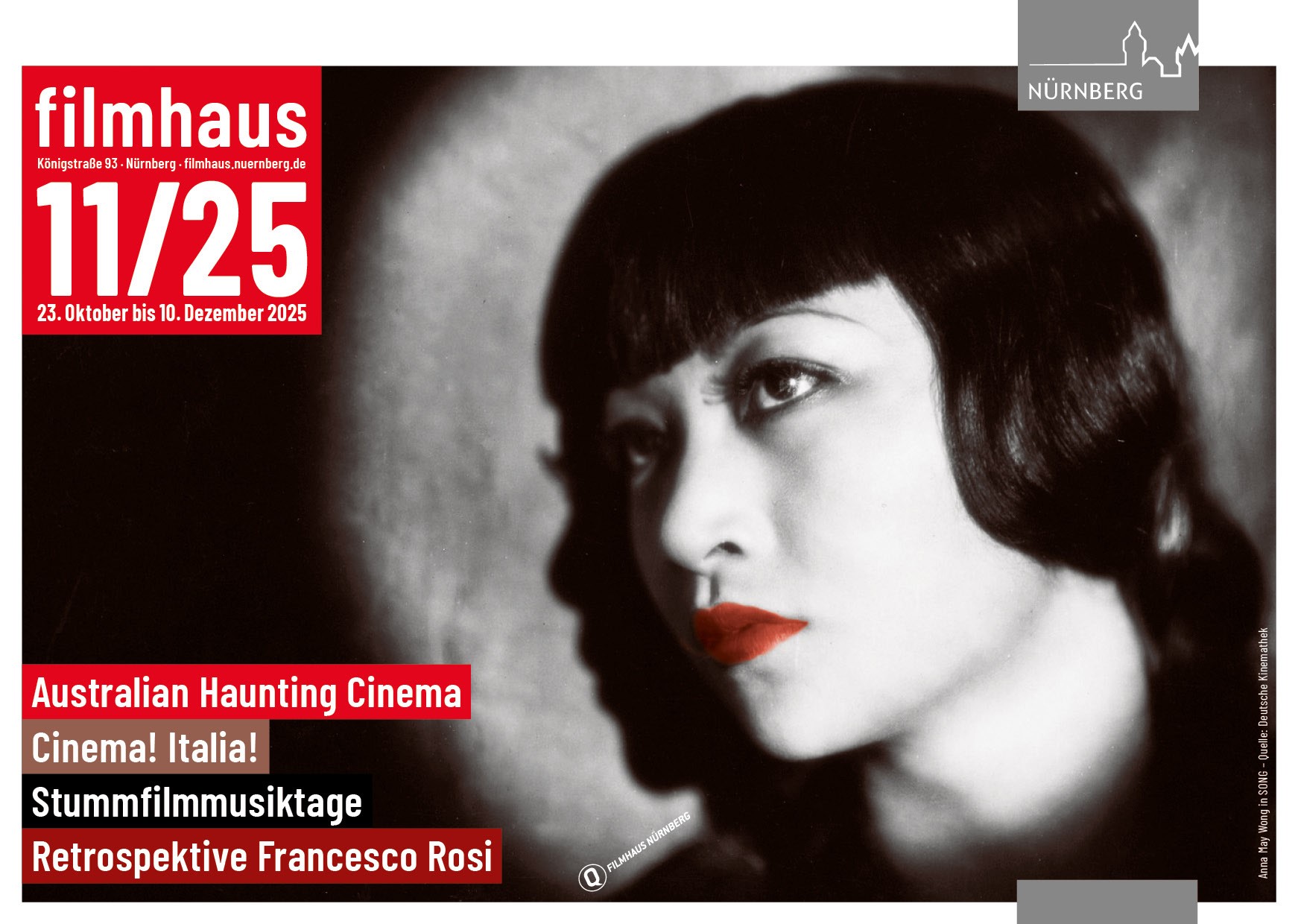 Schwarz-weiß-Porträt einer Frau mit seitlich geflochtenem Haar, Titel 'filmhaus 11/25 23. Oktober bis 10. Dezember 2025', Themen: Australian Haunting Cinema, Cinema! Italia!, Stummfilmmusiktage, Retrospektive Francesco Rosi.