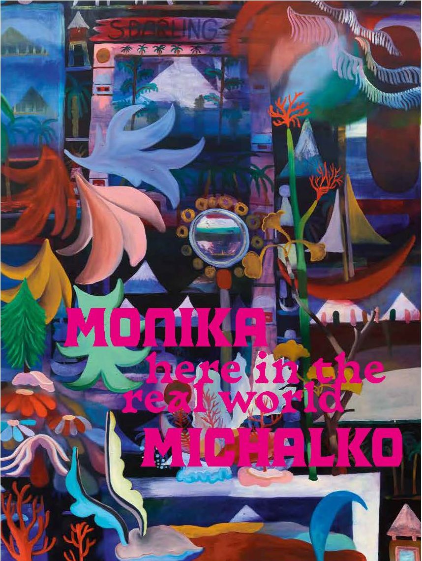Cover des Kataloges von Monika Michalko mit dem Ausschnitt eines in Blau und Rot gehaltenen Gemäldes mit floralen Motiven