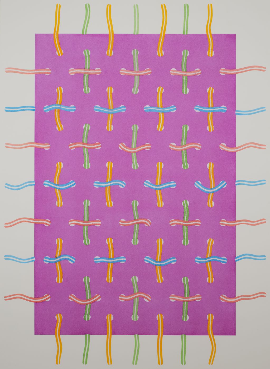 Zeichnung: Auf pinkfarbigem Grund ziehen sich waagrechte blaue Linien und senkrechte orangefarbene Linien wie ein Flechtwerk durch die pinkfarbene Fläche. 