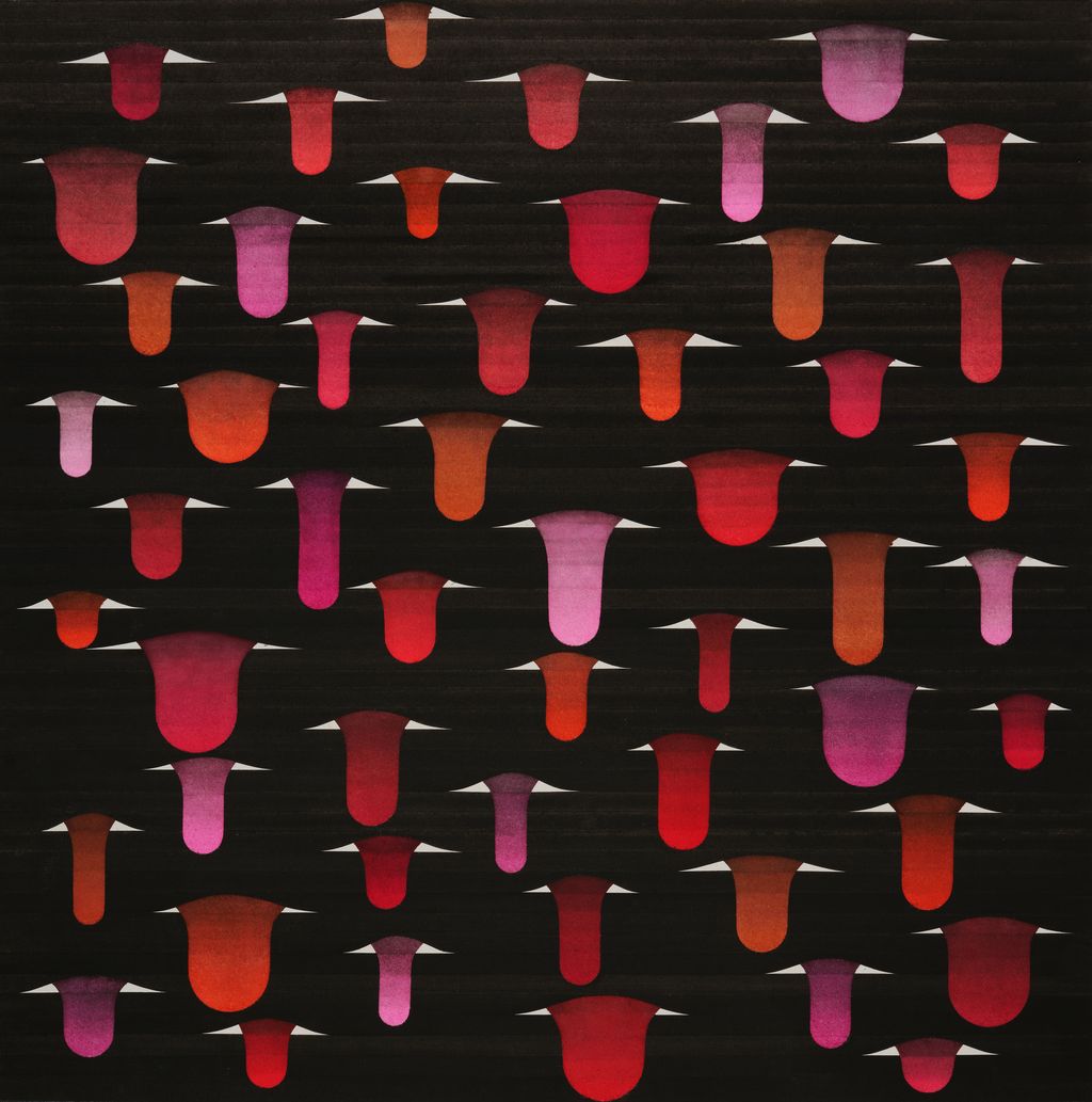Zeichnung: Tropfen in verschiedenen Rot- und Pinktönen tropfen aus einem schwarzen Grund