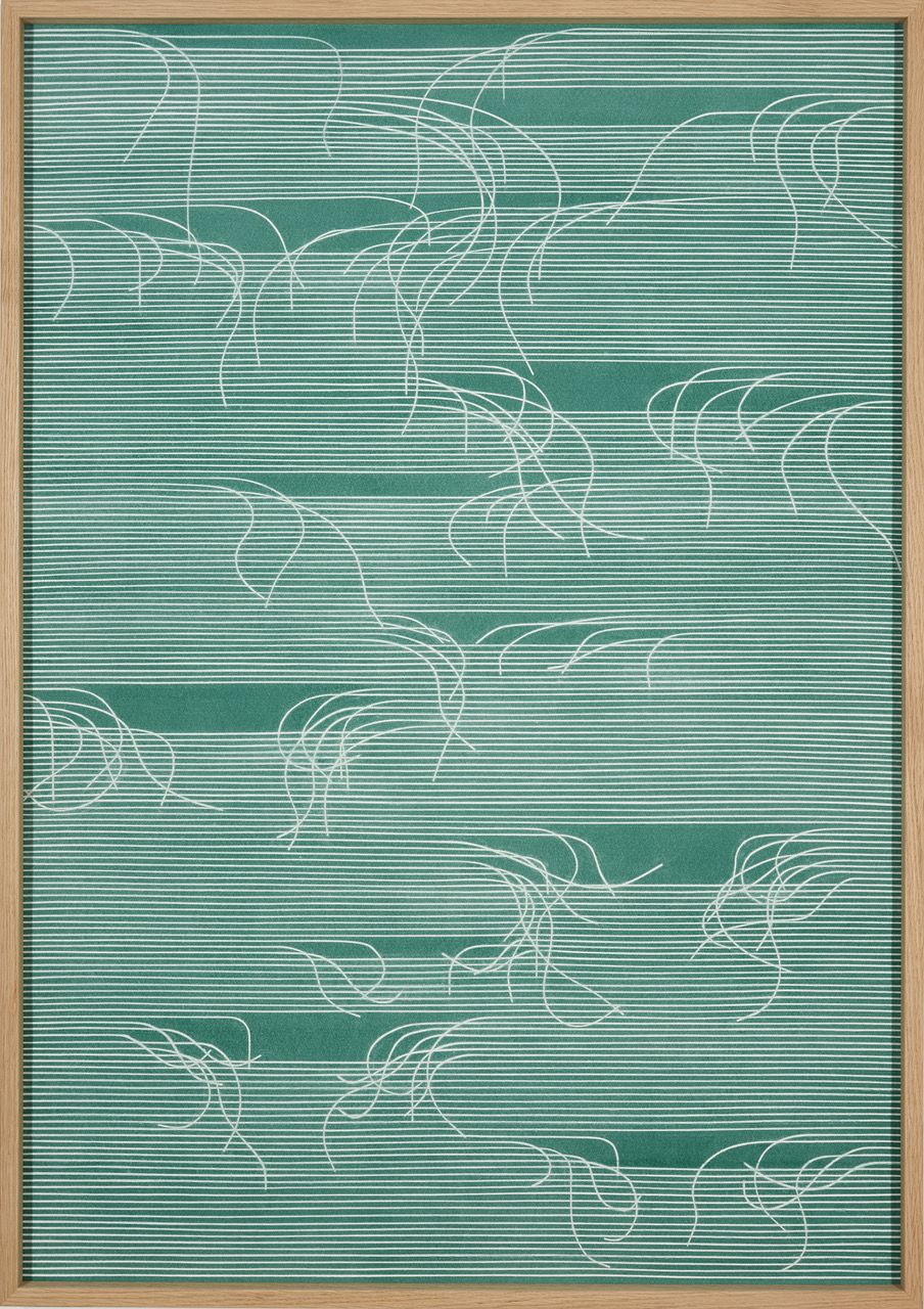 Zeichnung mit weißen waagrechten Linien auf grünem Grund. Die Linien sind an manchen Stellen unterbrochen und hänge lose nach unten