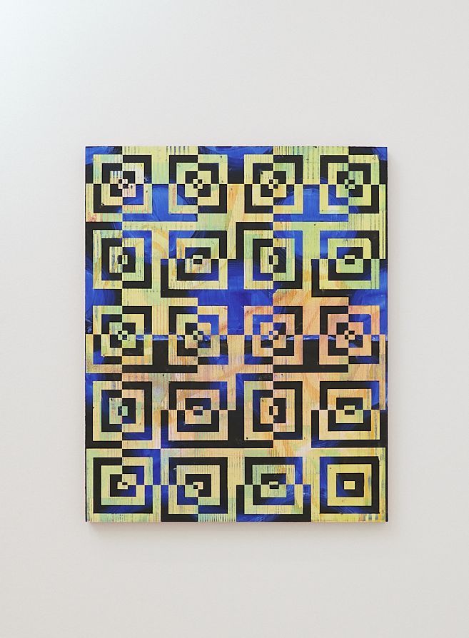 Gemälde in Gelb, Blau und Schwarz, aufgebaut aus versetzten Quadraten