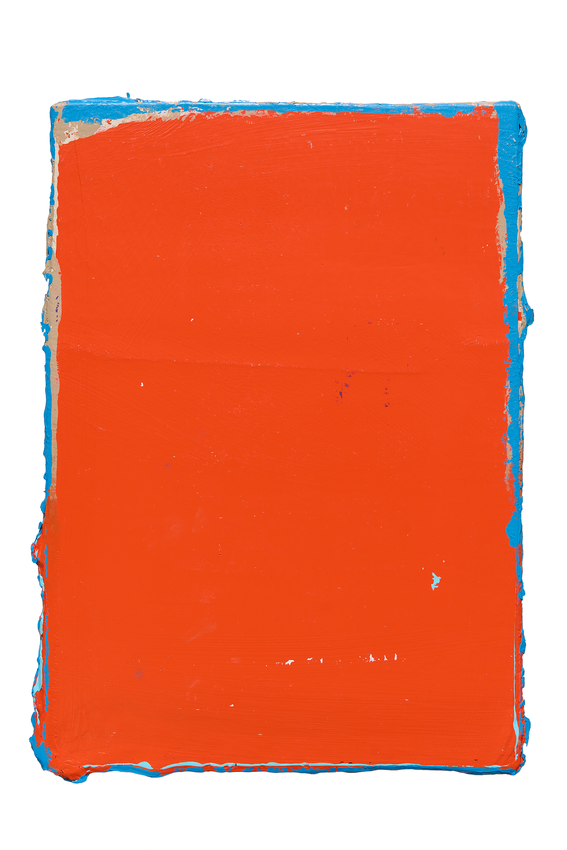 rotes Gemälde mit blauem Rand, der teilweise übermalt ist.