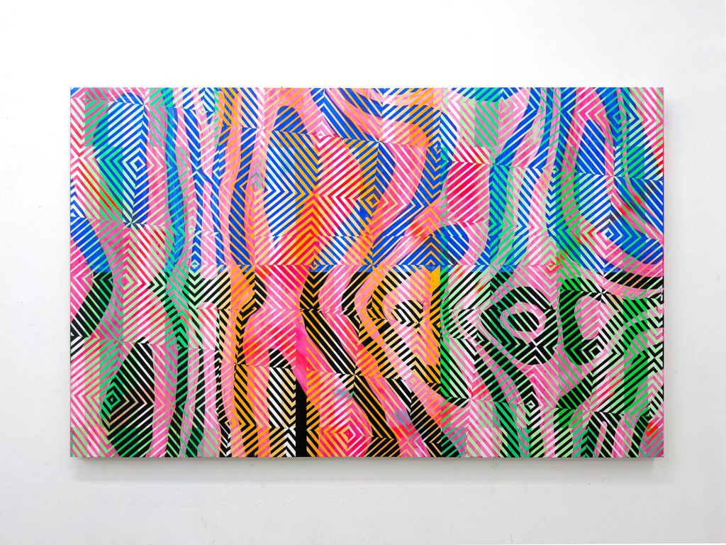 Abstraktes Gemälde in Pink, Blau und Grün mit darübergelegten Raster aus quadratischen Kästchen