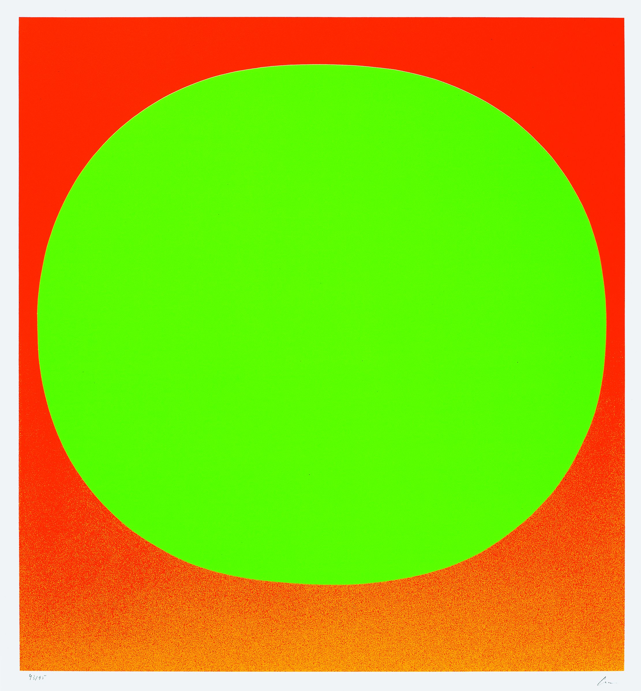 Neongrüner großer Kreis vor Farbverlauf von Orange bis Rot