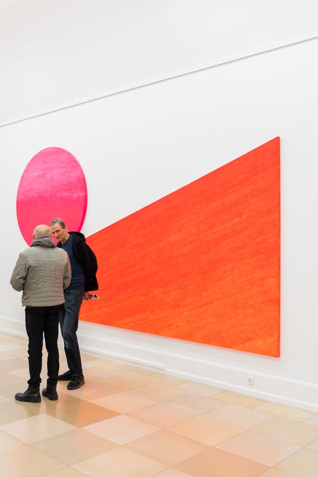 Großformatiges, zweiteiliges Gemälde von Rupprecht Geiger in leuchtendem Rot und Pink