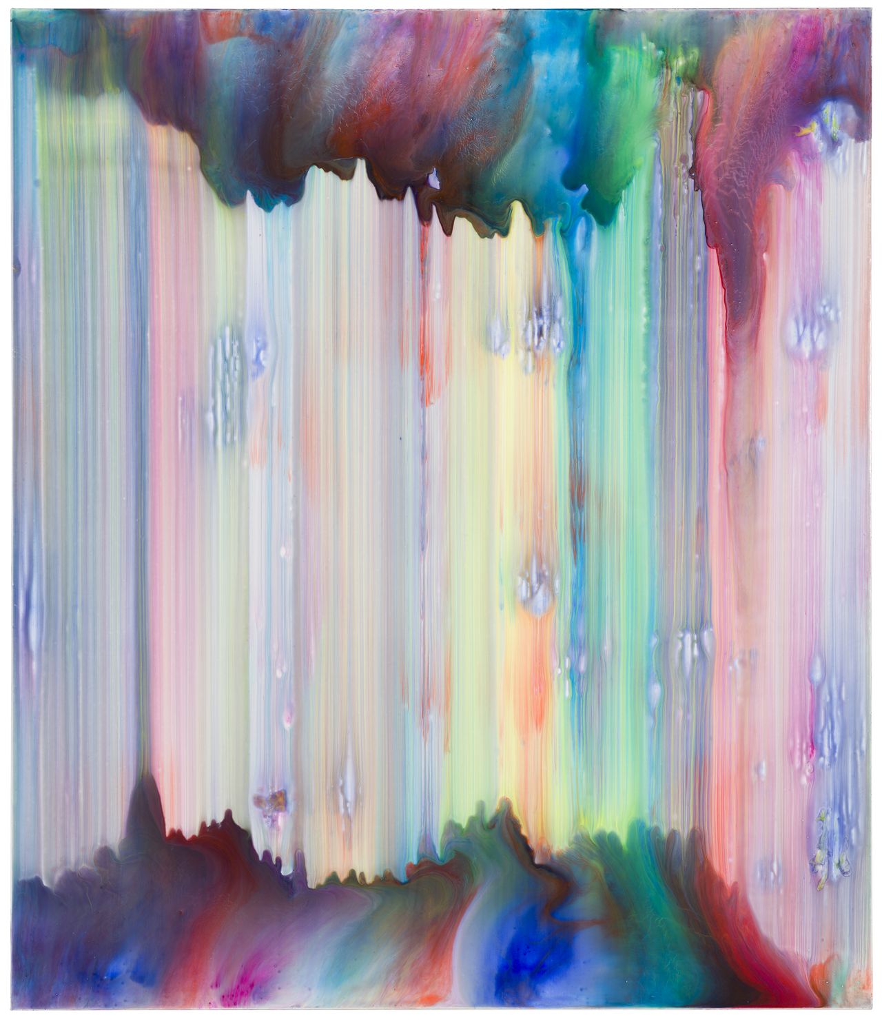 Breite, senkrechte Pinselstriche in hellen Pastellfarben nehmen vollflächig eine großen Teil der Leinwand ein. Am oberen und unteren Rand quellen dunklere Farben in Pink, Blau und Grün hervor.