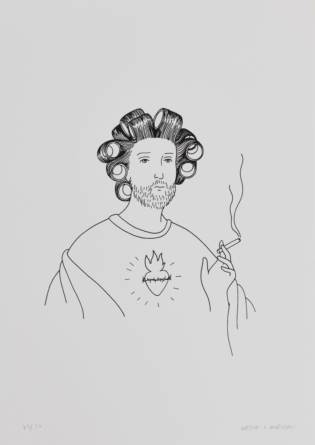 Ein rauchender Jesus mit Lockenwicklern im Haar.