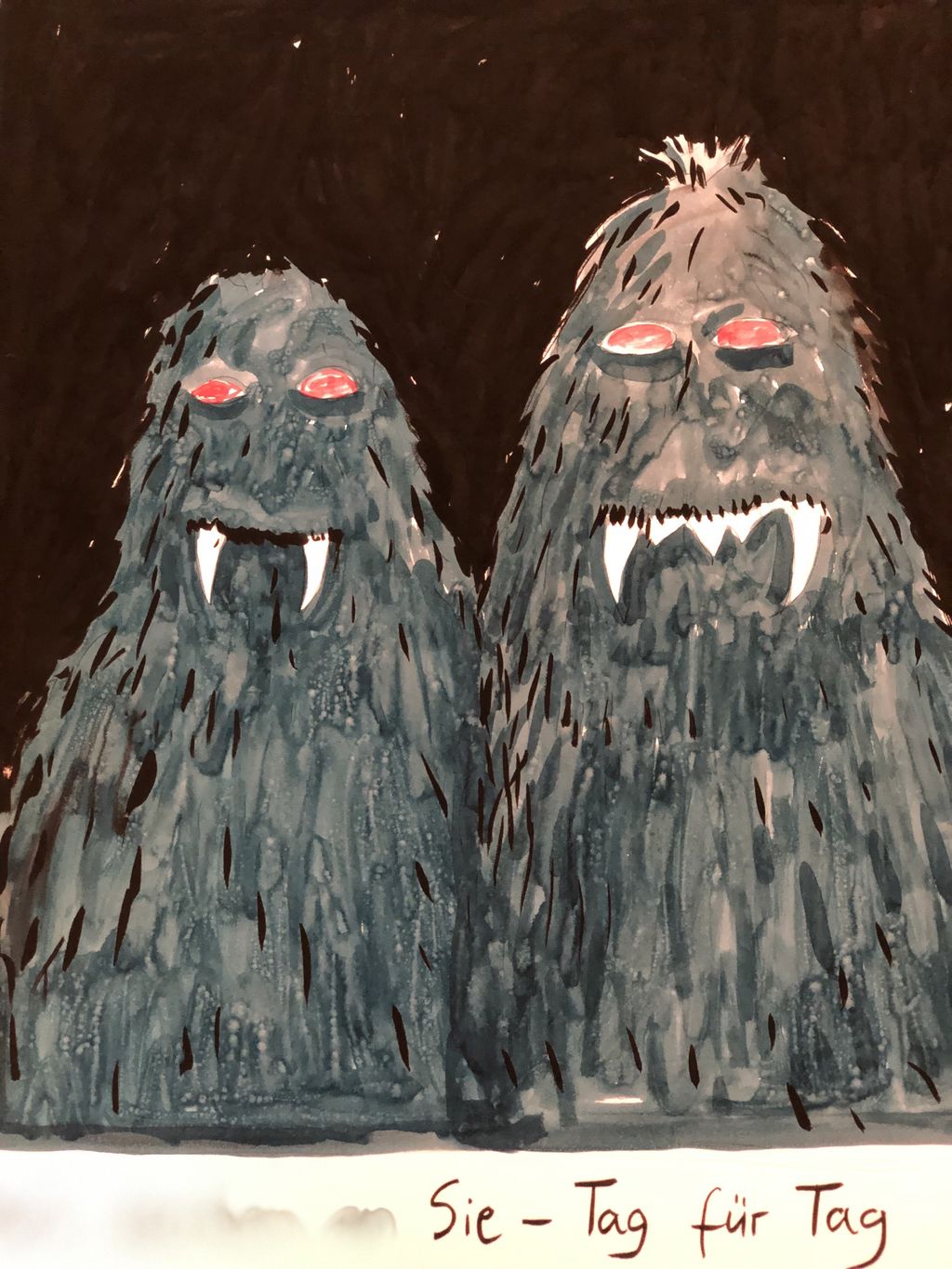 Giclée-Druck von Jan Bräumer: Zwei Monster mit Vampirzähnen und der Unterzeile: Wir denken an Sie Tag für Tag