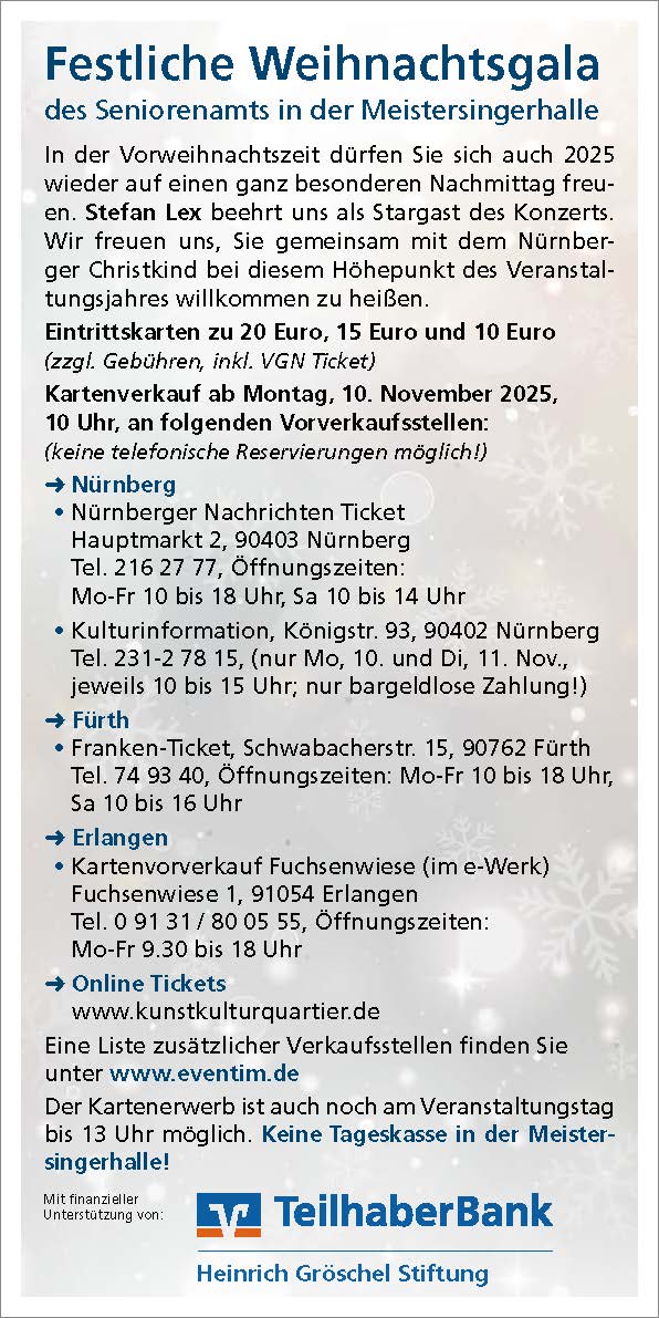 Rückseite eines Veranstaltungsflyers mit Informationen zur Festlichen Weihnachtsgala 2025, Eintrittspreisen, Vorverkaufsstellen in Nürnberg, Fürth, Erlangen und Online sowie Hinweis auf keine Tageskasse in der Meistersinghalle.